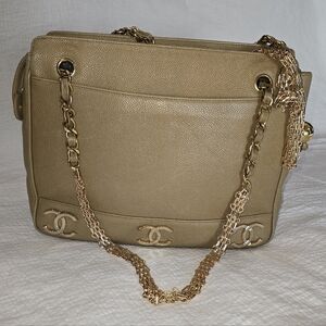 Chanel Caviar Leather Tripple CC Tote Bag Purse Beige 24K Vintage Coco Mark Gold